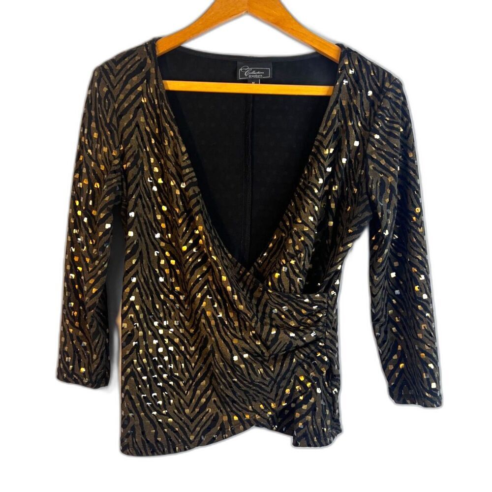 Dressbarn Animal Print Metallic Vneck Dressy Faux Wrap Blouse Cocktail Size MD